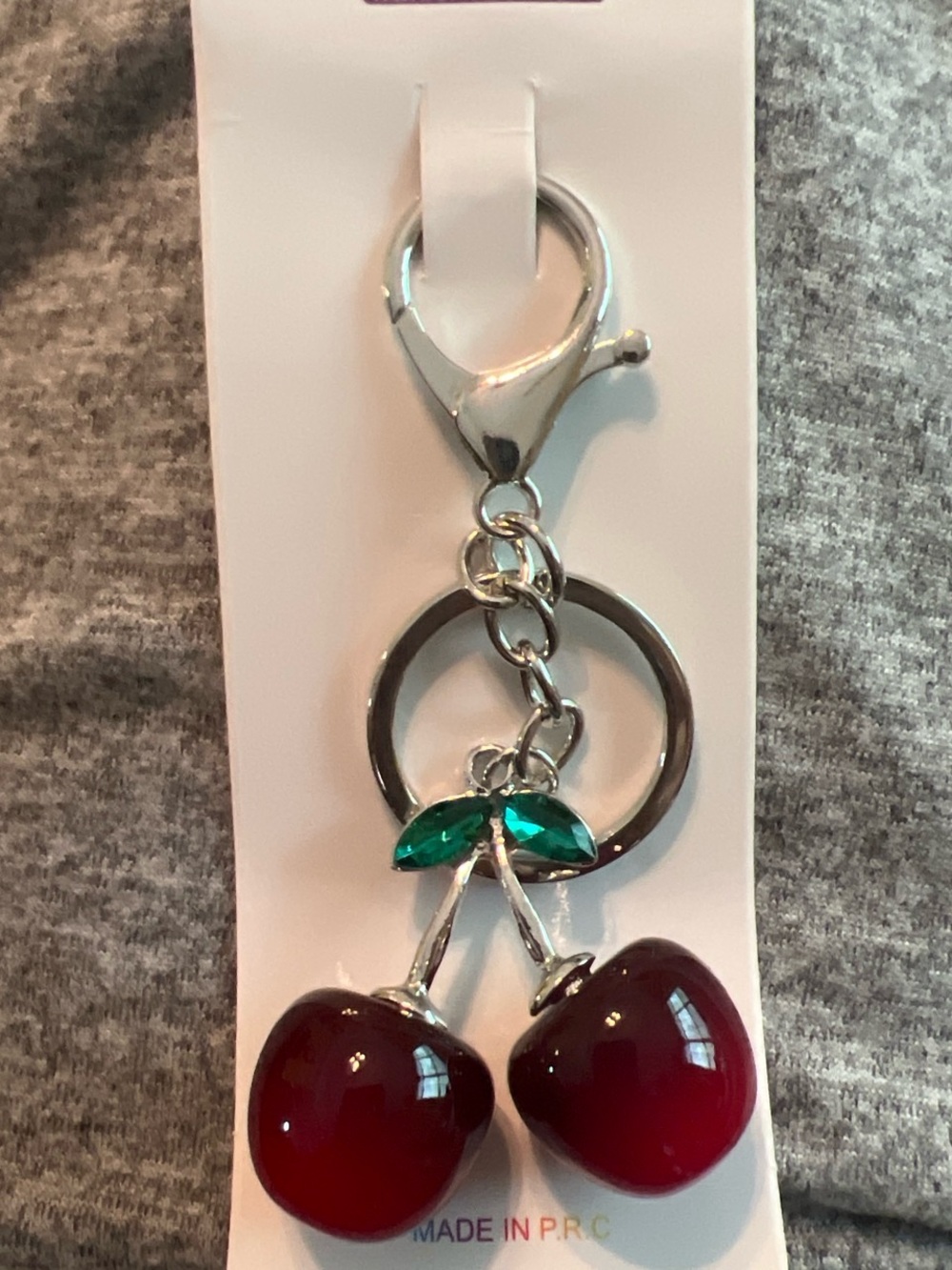Cherry Bag Charm Keychain with Red Cherries and Green Leaves Silver-tone